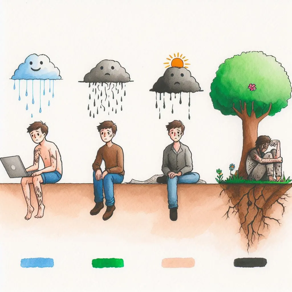 An illustration of a man with changing weather emotions.